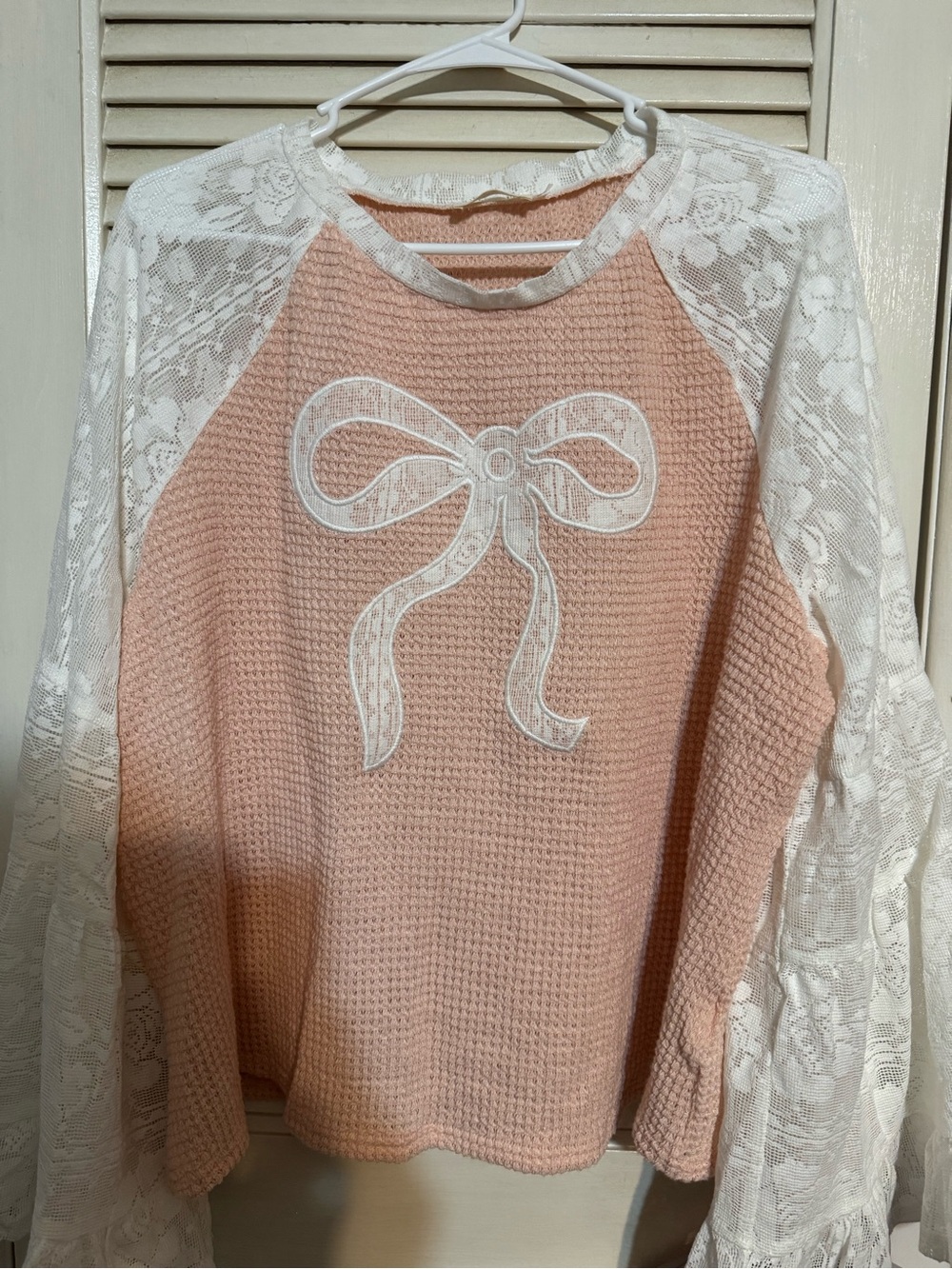 Davi & Dani Peach Knit Top with White Lace Trim